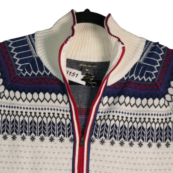 Eddie Bauer Sweater Women Large Ivory Blue Fair Isle 1/2 Zip Ski Holiday Party - Picture 3 of 8